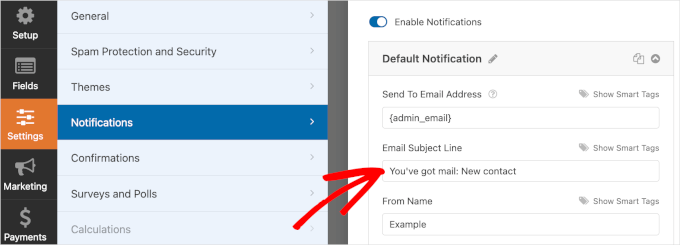 Changing email subject line