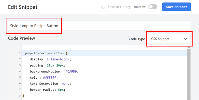 Creating a code snippet to style Jump to Recipe buttons