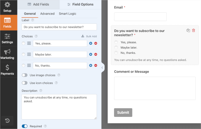 WPForms' fields option tab with details filled out