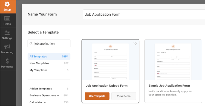 WPForms' Job Application Upload Form template