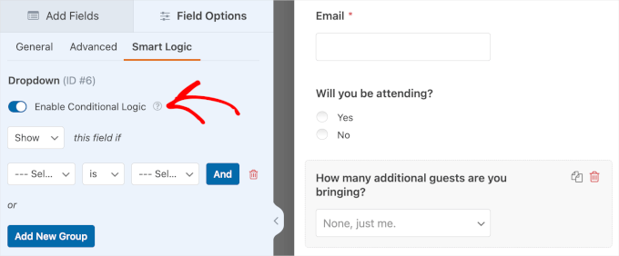 Enable conditional logic for How many guests are you bringing?