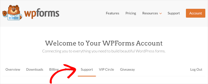 علامة تبويب دعم WPForms