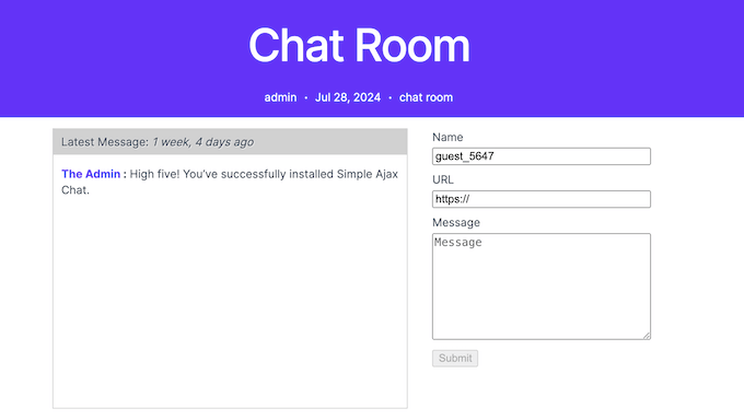 An example of a public chat room, created using Simple Ajax Chat for WordPress