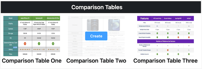 Ready-made comparison table templates for WordPress