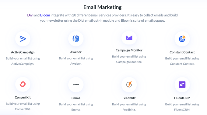 Divi's email marketing integrations