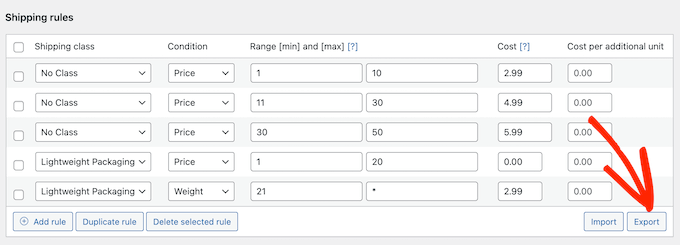 Exporting postage rules in WordPress