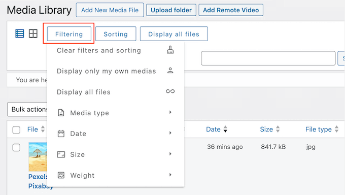 How to filter images in the WordPress media library