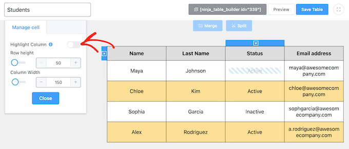 Highlighting a column in a WordPress table