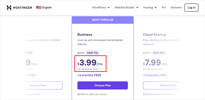 Hostinger's pricing page, its payment term highlighted