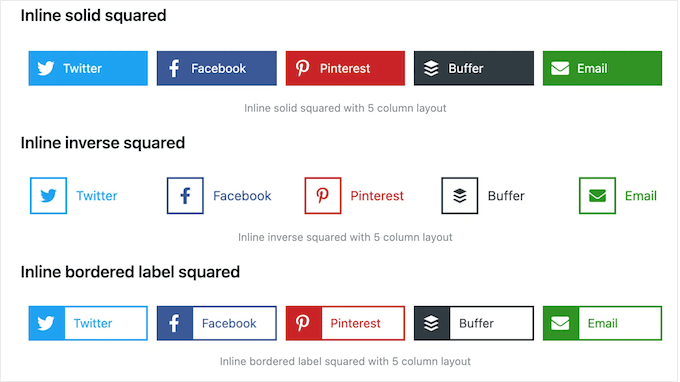 Examples of different Facebook, Twitter, and Pinterest social sharing icons