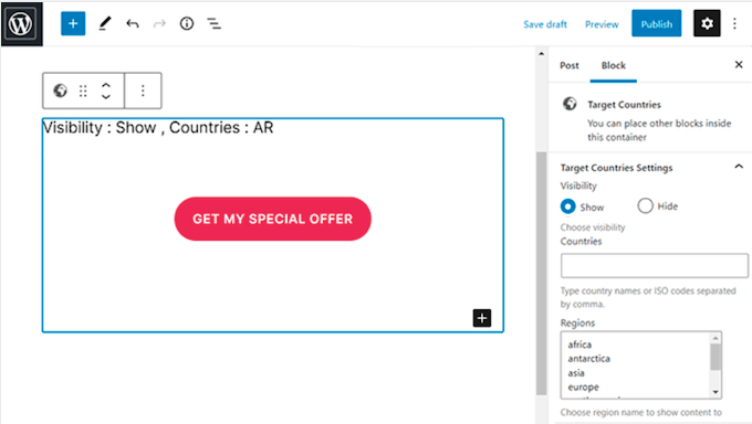 Add geotargeting rules to a WordPress block