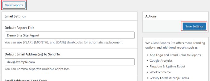 Save settings and view client report