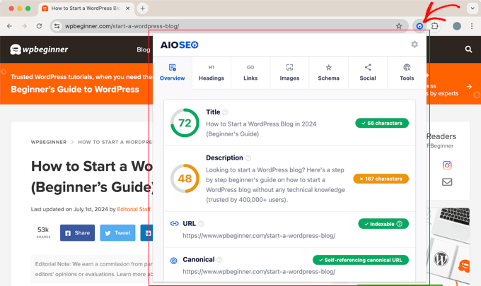 برنامه افزودنی AIOSEO Chrome