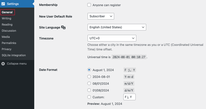 WordPress General Settings