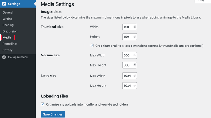 WordPress Media Settings