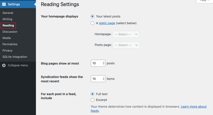 WordPress Reading Settings