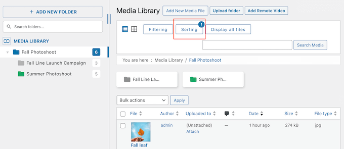 WP Media Folder review: Sorting files in the plugin's user interface