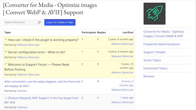 An example of a WordPress support forum