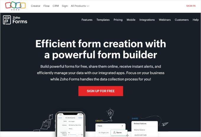 Zoho Forms' homepage