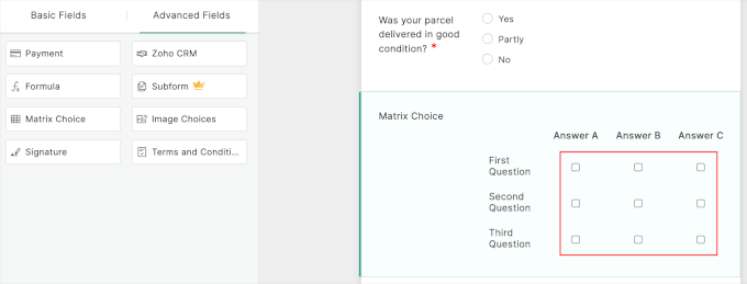 Zoho Forms' matrix choice field with checkboxes