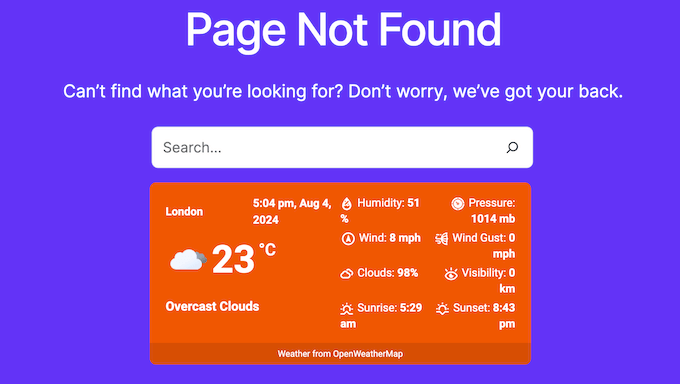 An example of a 404 page template, in the WordPress full site editor (FSE)