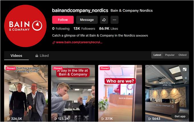 The TikTok page of the Nordic branch of Bain and Company