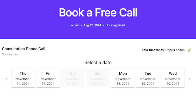 An example of an appointment booking calendar, created using Simply Schedule Appointments 