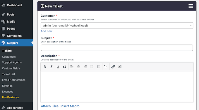 Create support tickets manually in the WordPress admin area