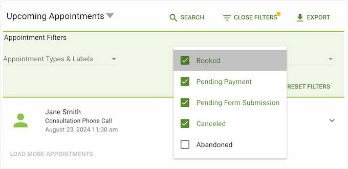 Filtering bookings in the WordPress dashboard