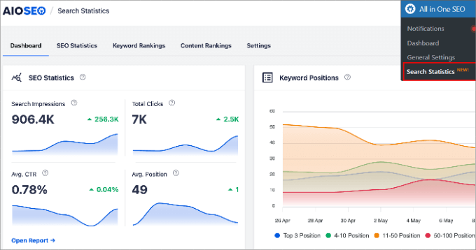 مراقبة تصنيفات SEO من لوحة تحكم إحصائيات البحث