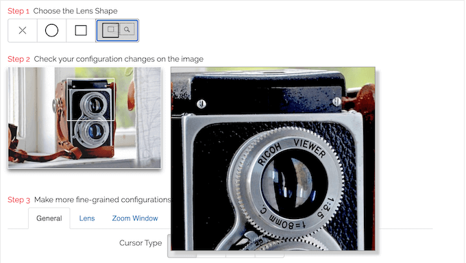 An example of a lens window, added to a WordPress image