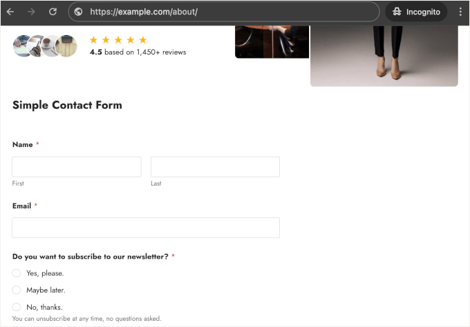 WPForms' simple contact form on a live website