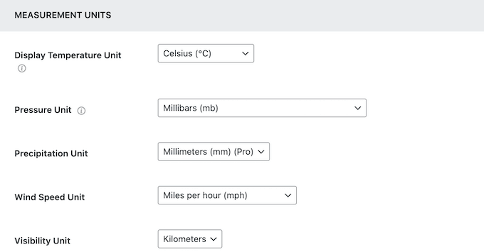 How to change the unit of measurement when displaying temperatures, precipitation, wind speed, and visibility 