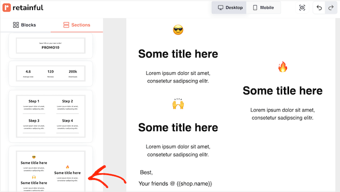 Adding ready-made sections to an email campaign 