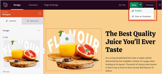 Publishing a landing page with an image hotspot made with SeedProd