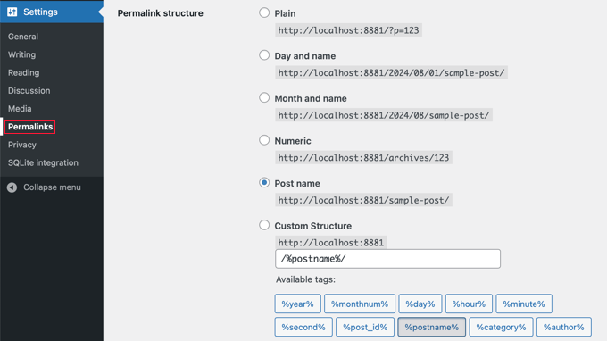 WordPress Permalinks Settings