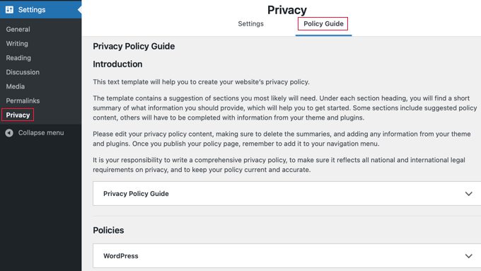 WordPress Privacy Policy Guide Settings