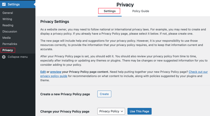 WordPress Privacy Settings