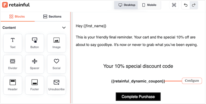 An example of a cart recovery email