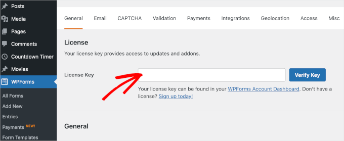 Activating license key to WPForms