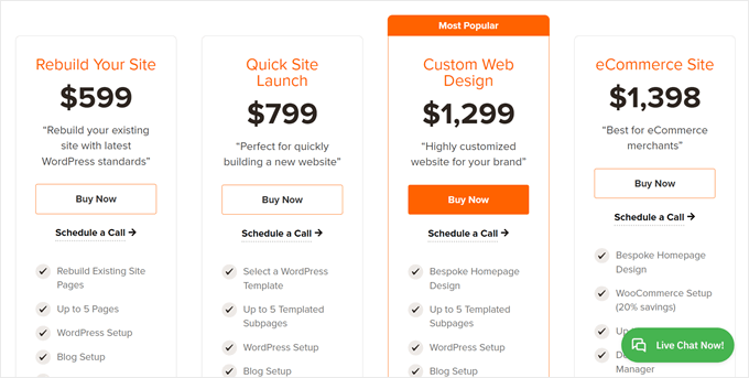 The pricing for WPBeginner Pro Services in custom website design