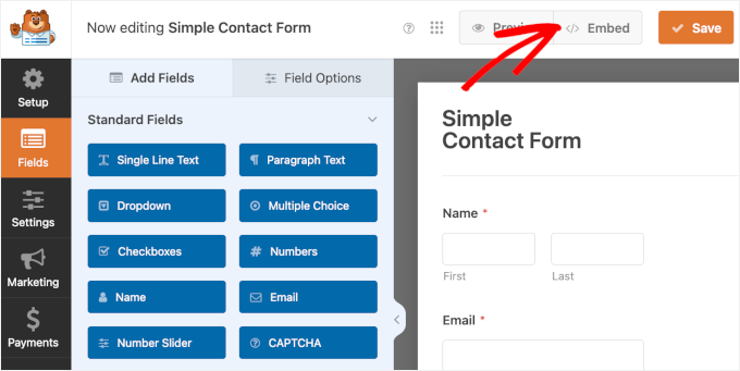 The Embed button in WPForms form builder