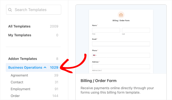 The business operations template category in WPForms