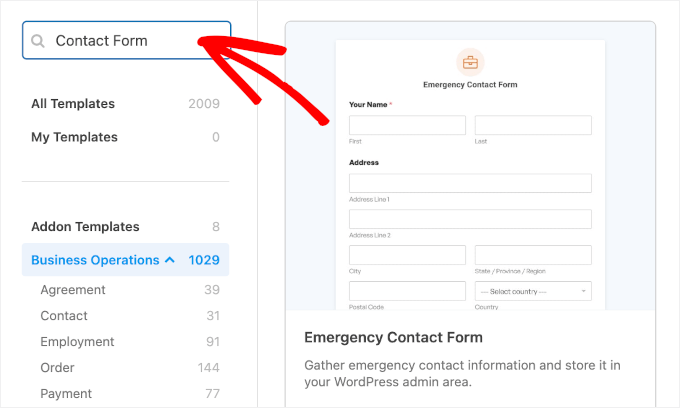 Searching for contact form templates in WPForms