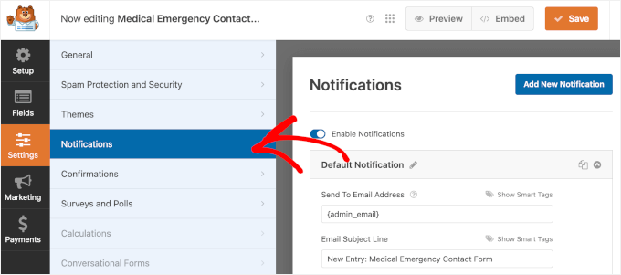 WPForms notifications section