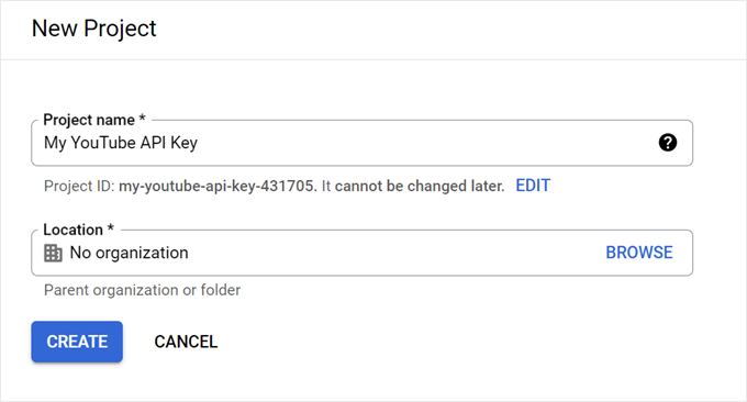 Creating a new project for YouTube API key