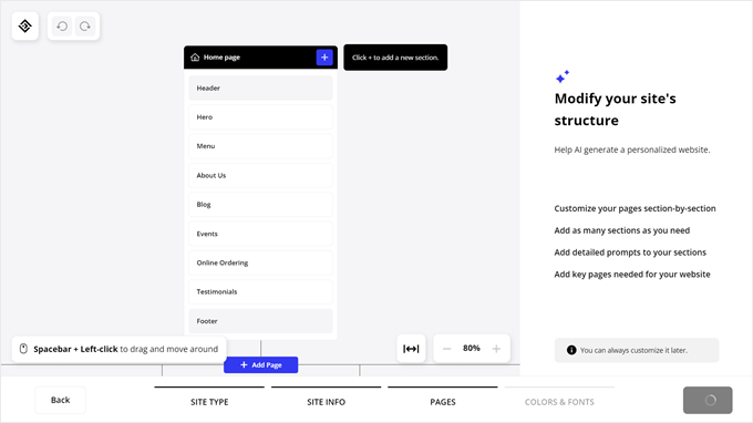 Viewing the AI-generated site structure made by 10Web