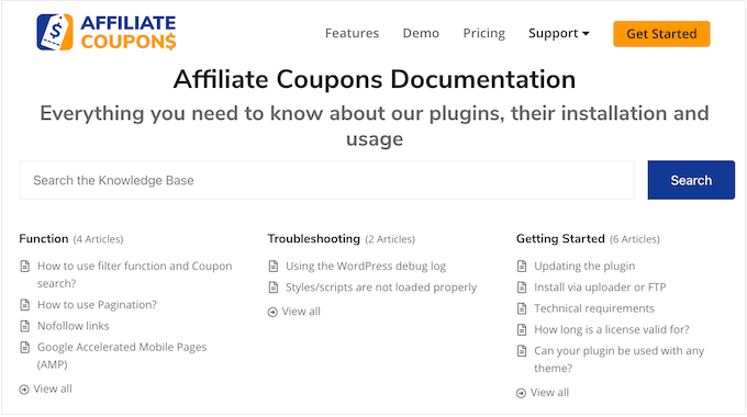 The Affiliate Coupons online documentation 