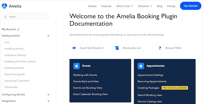 Amelia's online documentation 