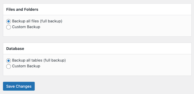 Creating a custom backup by specifying the database tables and files to backup